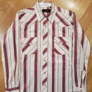 Maroon and White/Cream Striped Men's Western Style Shirt, Large